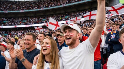 Fototapeta premium England football fans cheering inside packed football stadium. Happy people watching a game