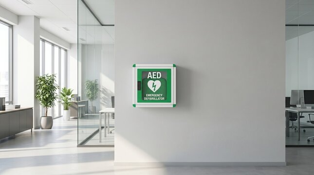 Automated External Defibrillator AED Mounted on Office Wall