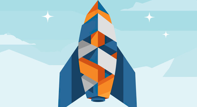 Abstract geometric rocket ascends through a pale blue sky with clouds