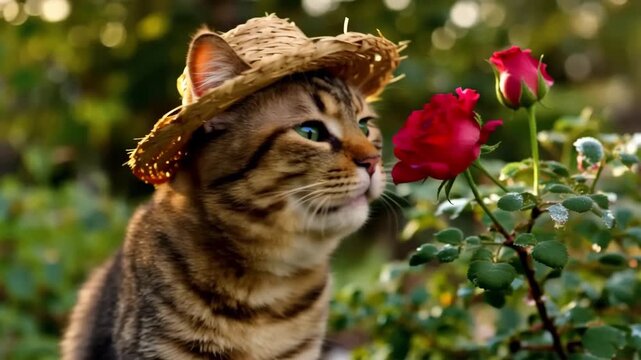 Cute Tabby Cat in Straw Hat Sniffing Red Rose in Sunny Garden