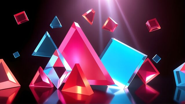 Floating geometric glass prisms reflecting neon light in dark futuristic background