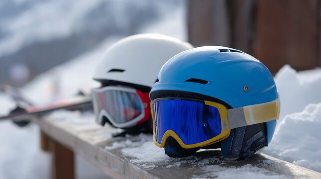 Two Vibrant Ski Helmets with Goggles Rest on a Snowy Bench, Winter Sports Gear Ready for Mountain Adventure and Safety on the Slopes
