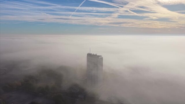 Drone Flight Over Foggy Basingstoke and Eastrop Park at Sunrise, UK