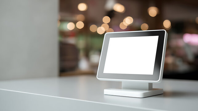 Modern point-of-sale system with blank white screen on a counter, ready for custom display or business application in a blurred background setting