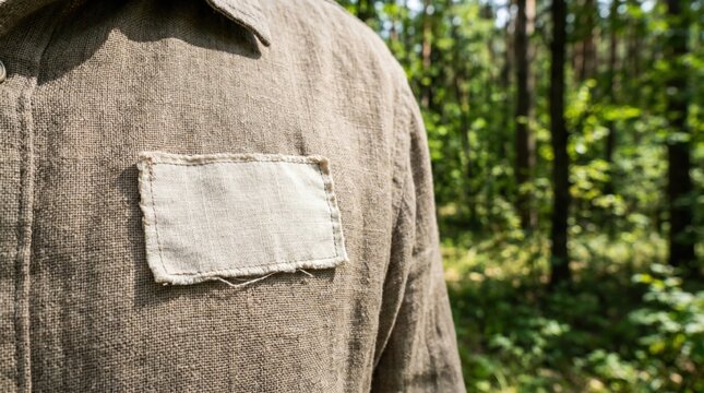 Close up of a rectangular patch sewn onto a coarse natural linen shirt worn in a sunny forest