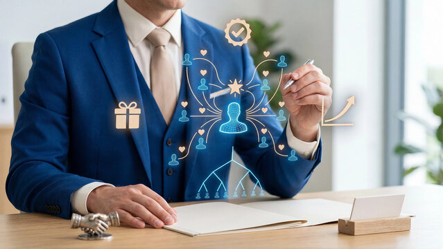 Referral marketing concept growing customer network through word of mouth recommendations loyalty rewards gift incentives and brand advocacy for sustainable business acquisition and growth