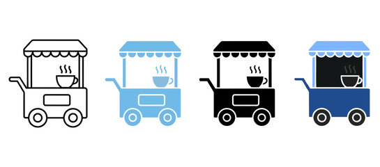 Coffee cart icon set with four different styles including outline, glyph, and flat design mobile street food vendor stall with hot drink cup, tea or coffee trolley vector illustration © Marjahan