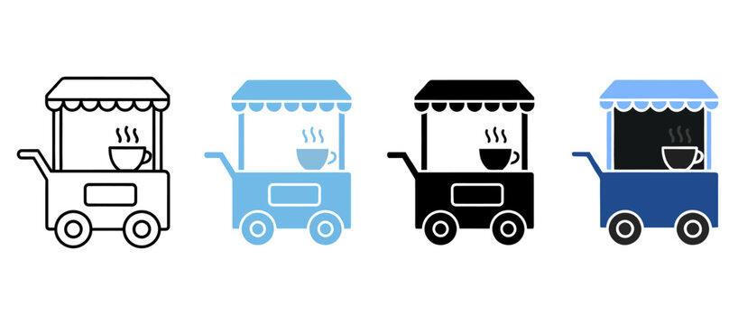 Coffee cart icon set with four different styles including outline, glyph, and flat design mobile street food vendor stall with hot drink cup, tea or coffee trolley vector illustration