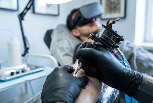 Tattoo artist wearing black gloves holding a tattoo machine while the client wears a VR headset