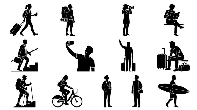 Collection of diverse people engaged in various travel and leisure activities depicted as silhouettes