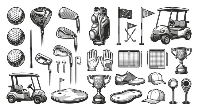 Golf Equipment Collection Featuring Clubs Balls Bag Cart Trophy and Accessories