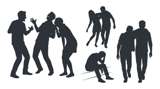 Diverse human emotions and interactions depicted as silhouettes including joy support and sadness
