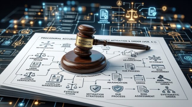 Gavel on legal document with flowchart for systematic mitigation and order