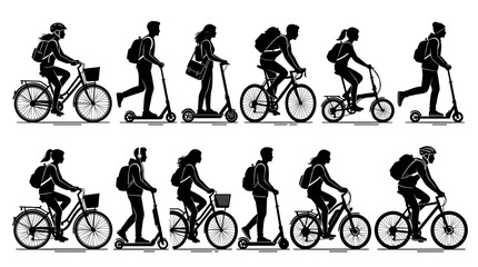 Obraz premium Silhouettes of people riding bicycles and scooters in a row