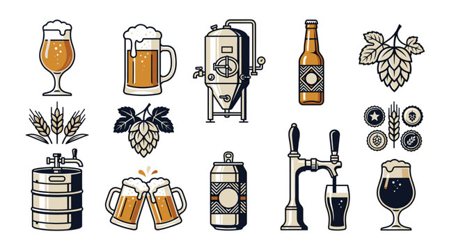 Beer brewing elements including hops barley keg beer glasses bottle can and tap