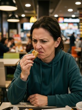 Caucasian woman customer holding questionable fried food with disgusted expression in fast food restaurant. Food poisoning and poor quality dining experience vertical banner