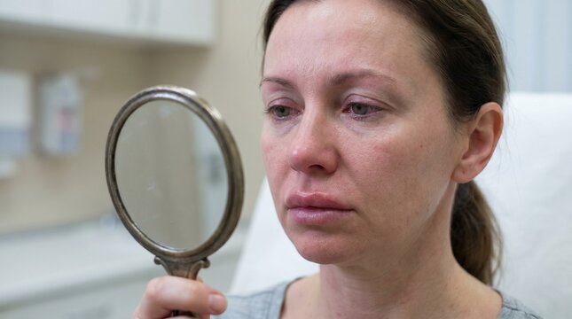 Upset crying woman looking at her reflection in a mirror at a clinic, regret and disappointment after a botched lip filler injection and plastic surgery complication concept