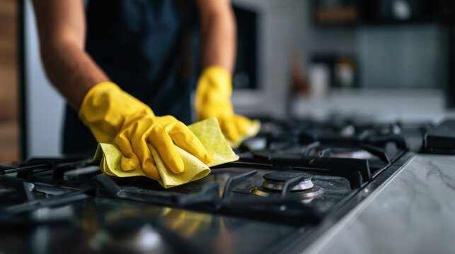 Person wearing bright yellow protective gloves cleaning a modern kitchen gas stove with a yellow microfiber cloth, maintaining home hygiene and cleanliness