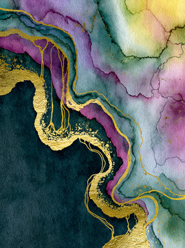 Luxurious abstract watercolor background with flowing gold accents and vibrant ink bleeds