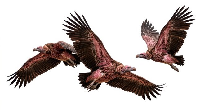 Vulture bird trio with pink and brown feathers for nature wildlife design, flying scavenger animal collection for bird marketing,