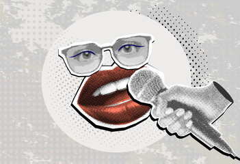 Obraz premium Retro Halftone Collage Speaking mouth, eyes in glasses and hand holding microphone, drawn elements in halftone background. Cover for podcast. Vector Collage in trendy retro style. Paper cut-out