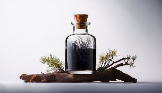 Potion Bottle With Dark Essence Liquid Inspired By Nature On Clean White Background Magical Elixir