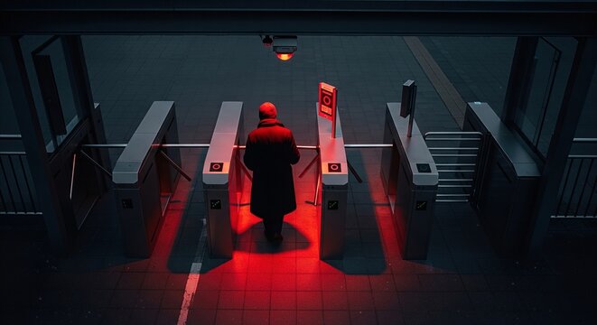 Man in dark coat and red hat passes through illuminated turnstile with security camera overhead, urban checkpoint concept