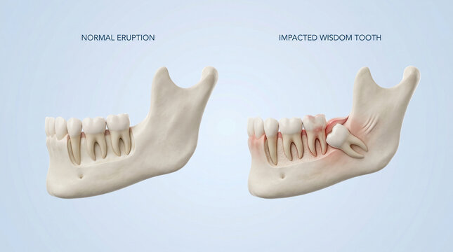 Human jaw bone anatomy comparing normal eruption with angled impacted wisdom tooth dental condition 3d render