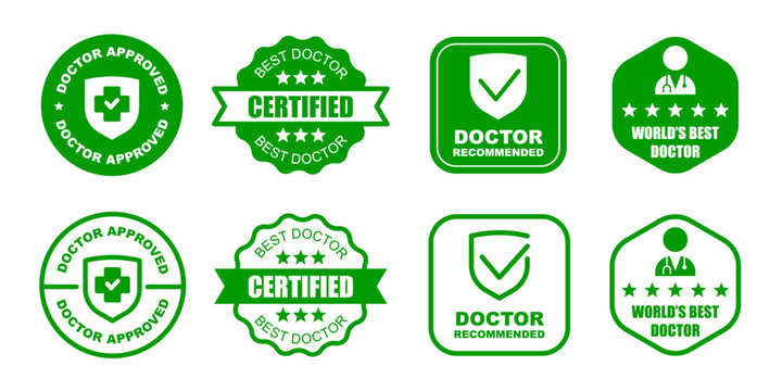 Best doctor badge set, certified physician labels, approved healthcare emblems, recommended medical specialist