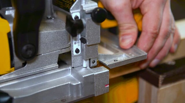 Skilled carpenter flexing his muscles while using lamella router at workplace. Wood lamella router in action smoothly cutting into a wooden surface. shot highlights woodworking craftsmanship