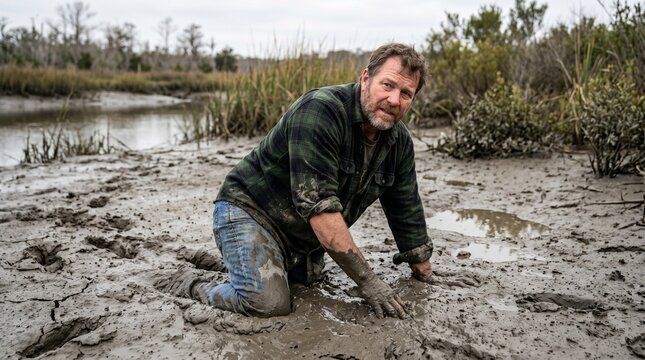 A man covered in mud crawls through a muddy marshland, searching for something in the murky water.