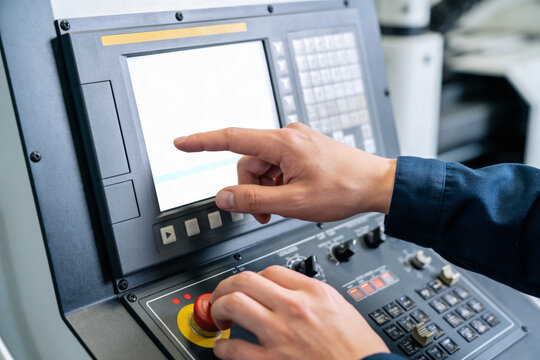 Operator uses touchscreen and buttons on industrial control panel for manufacturing