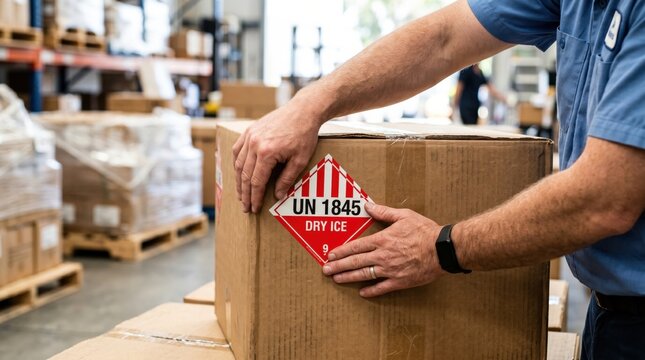 Warehouse worker applying a dry ice warning label to a cardboard shipping box