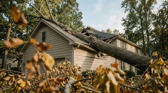 The aftermath of a storm shows a massive tree crashed onto a house roof.