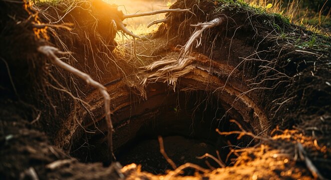 Exposed tree roots in a deep dirt pit with layered earth and golden hour sunlight, evoking nature's disruption and renewal.