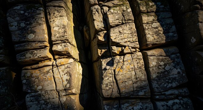 Closeup of weathered rock formations with deep crevices and textured surfaces.
