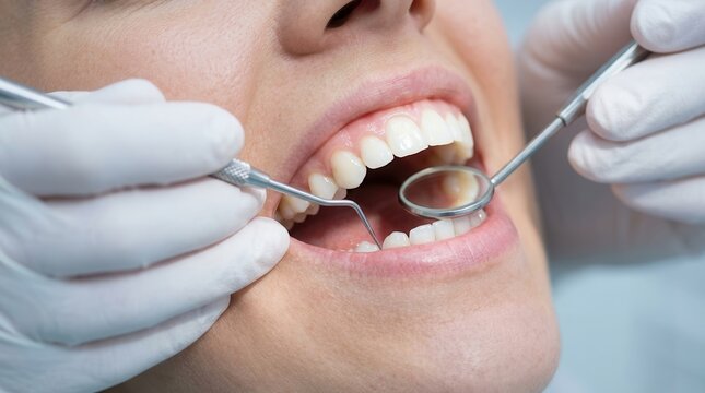 Detailed view of a dental procedure involving a mirror and probe for oral surgery and dental implants.