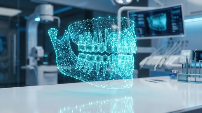 Advanced CAD/CAM technology concept shown through a digital dental model in a high-tech lab.