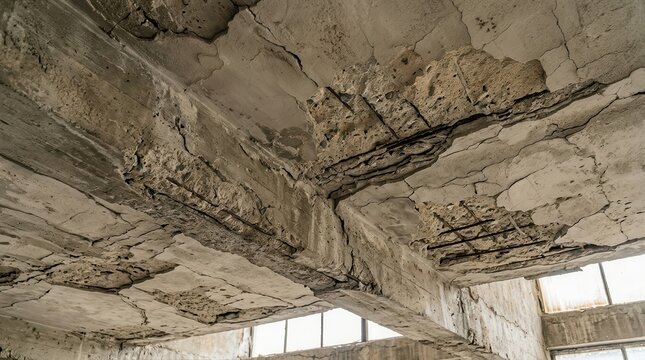 Deterioration of a concrete ceiling featuring deep cracks and spalling near a beam.