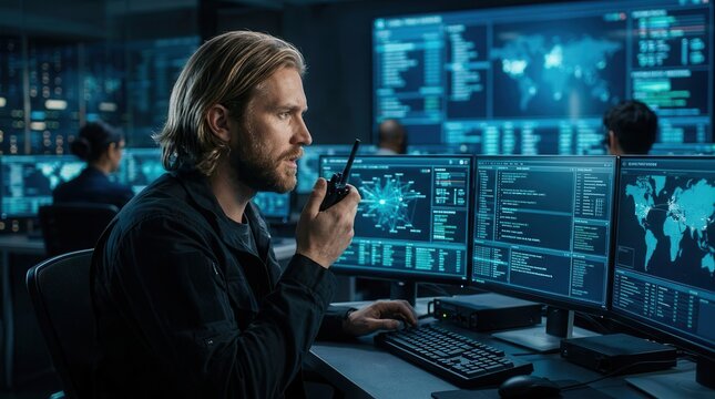 Security analyst performing threat investigation using multiple computer monitors in a command center.
