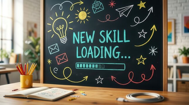 Conceptual image of learning and growth with new skill loading written on chalkboard.