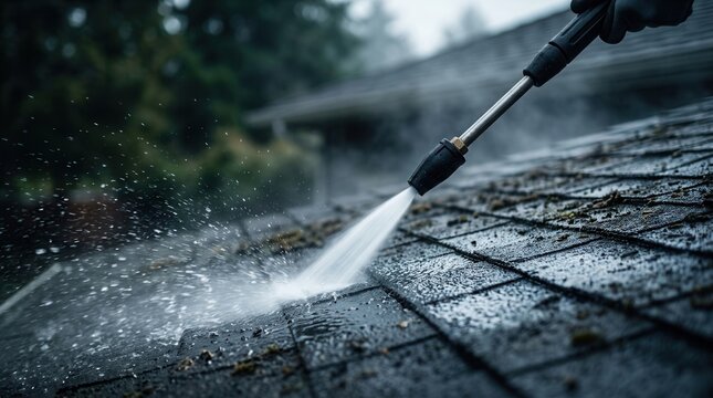 Cleaning dirty roof shingles with a high-pressure water spray to remove moss and grime.