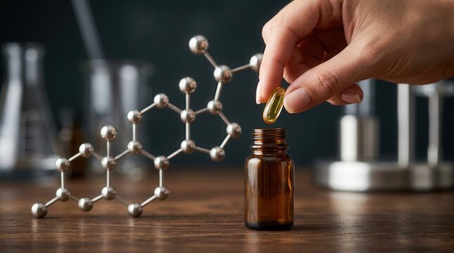 Healthcare balance and wellness represented by a hand, capsule, amber vial, and molecular model.