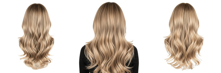 Naklejka premium Set of Three Wavy Blonde Hair Styles Back View Isolated PNG. Realistic Long Blonde Hairstyle Collection for Beauty Salon Design, Hair Extensions, Haircut Mockups, Fashion Graphic Projects, and Digital