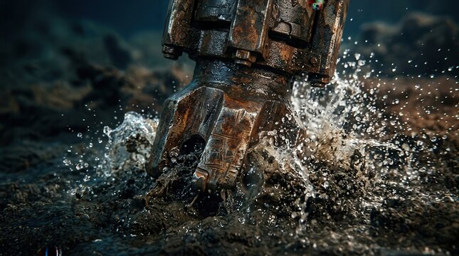 Industrial drilling bit cutting through the ocean floor with liquid flow and water droplets.