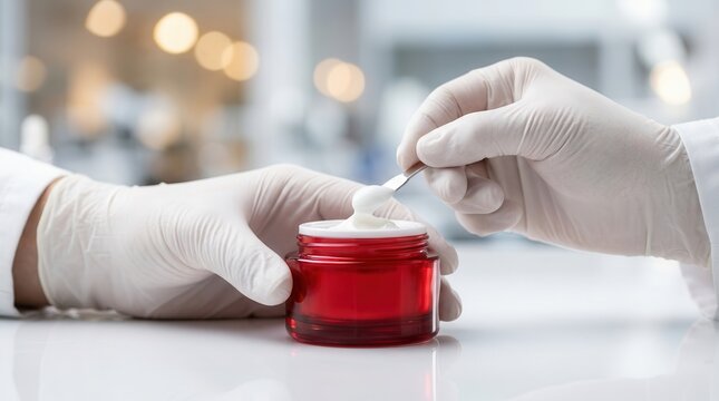 Laboratory safety compliance and hygiene demonstration with a technician applying cream.