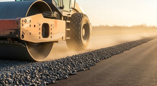 Heavy soil compactor roller crushing gravel sub-base layer during golden hour construction