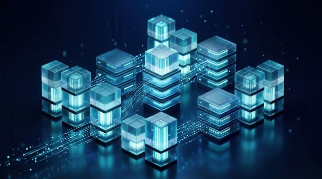 Digital database migration visualization with isometric server block stacks and data flow light effects.