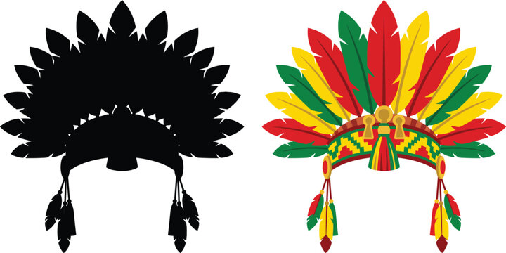 Traditional Native American tribal chief feathered headdress war bonnet showing both the solid black silhouette and one vibrant colorful detailed indigenous design.