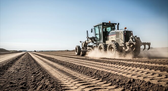 Motor grader levels dirt for highway construction on a clear day, creating textured earth and tire tracks under a vast blue sky.